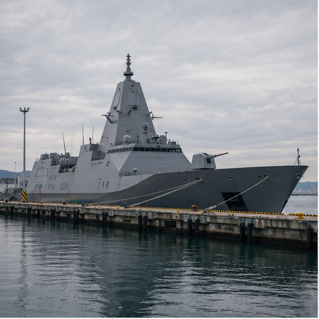 Modern gray warship at pier from a distance