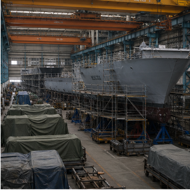 Shipyard with naval hull sections and covered components