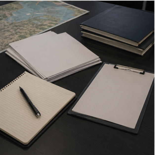 Export and supply responsibility planning desk with blank papers