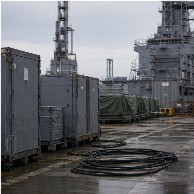 Dockside logistics scene with industrial crates and cables