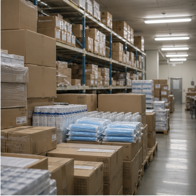 Hospital supply warehouse with unbranded boxes