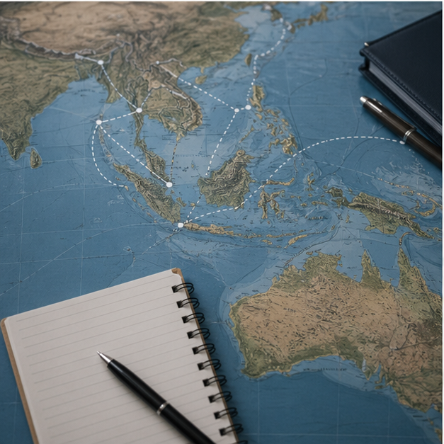 Regional logistics map desk with blank notes