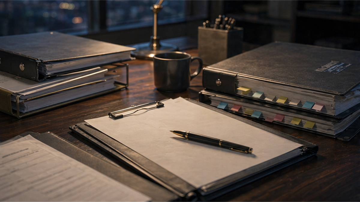 Sanctions compliance desk with closed folders and blank trade forms