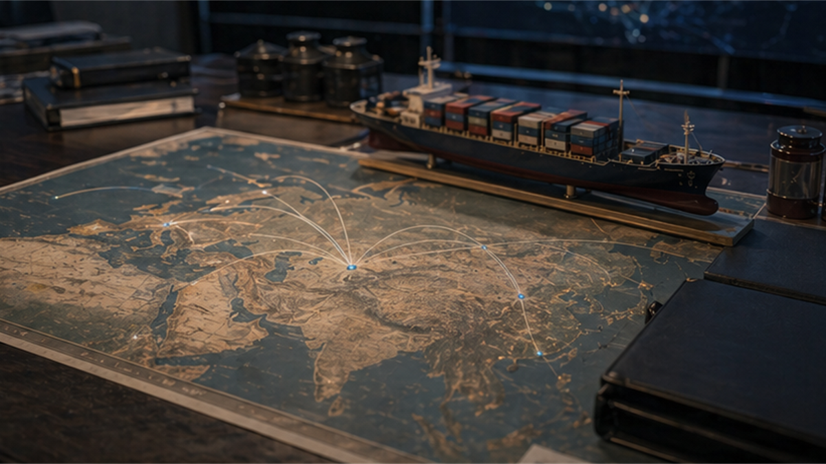 Europe Asia trade route desk with cargo ship model and sealed binders