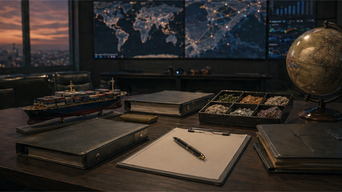 Japanese corporate risk desk with compliance binders and muted world map screens