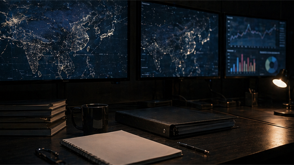 Satellite night-light analysis room with closed folders and muted screens