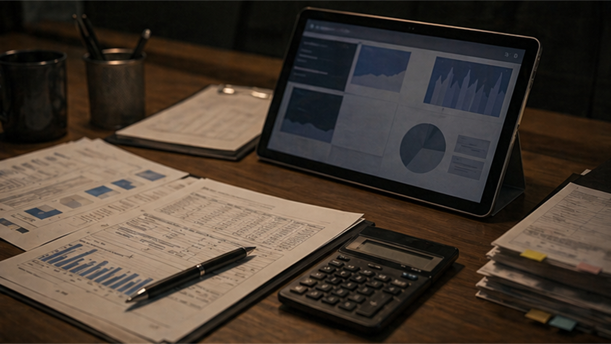 Economic statistics desk with blank papers and abstract tablet charts