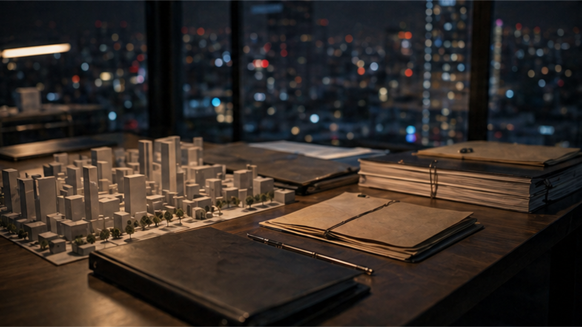 Provincial planning desk with construction blocks and blurred city lights