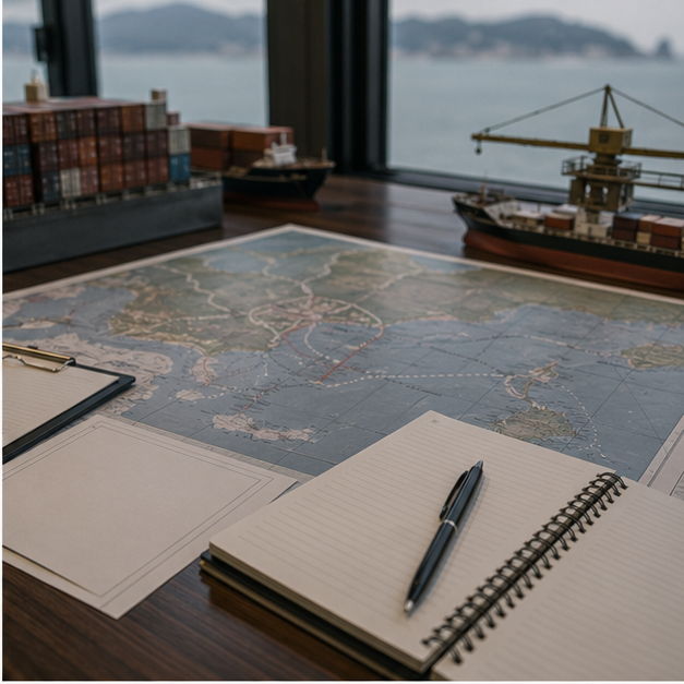 Harbor logistics desk with abstract route map and blank notes