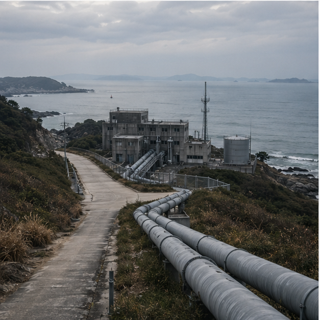 Power or utility infrastructure on a windswept coastline