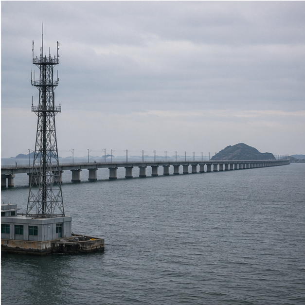 Communications or transport connection scene across gray water