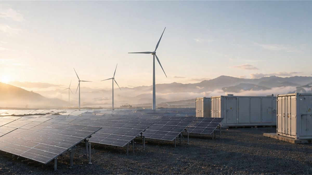 Solar arrays, wind turbines, and battery containers in a clean energy landscape