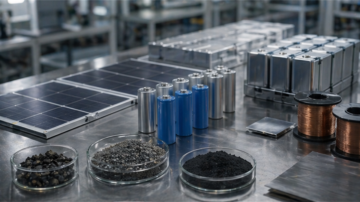 Clean technology component table with solar wafers, battery cells, copper coils, and material samples