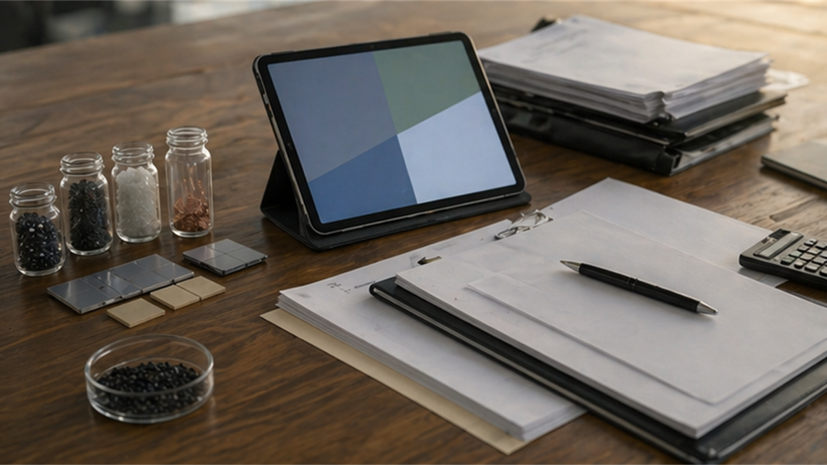Japanese procurement desk with blank papers, mineral samples, and abstract tablet blocks