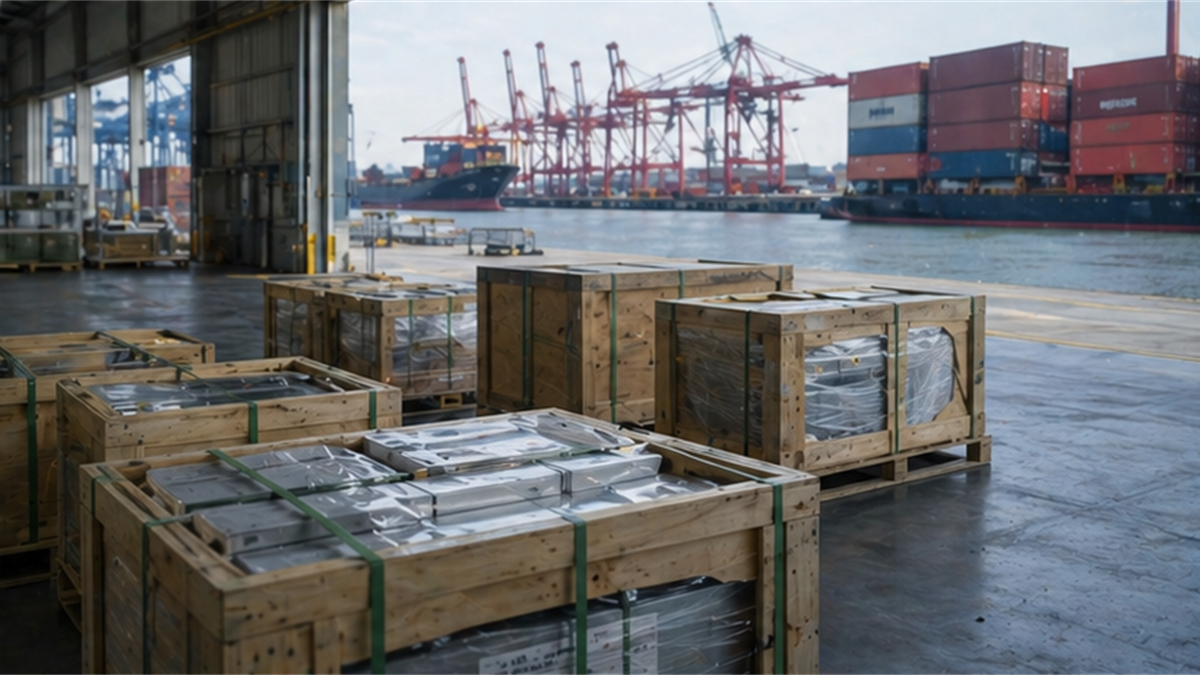 Port warehouse with clean technology component crates and distant container stacks