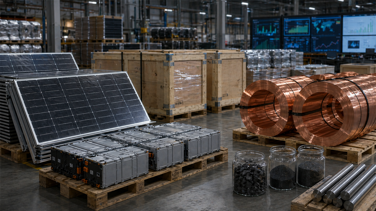 Clean technology supply chain warehouse with solar panels, battery modules, copper coils, and material samples
