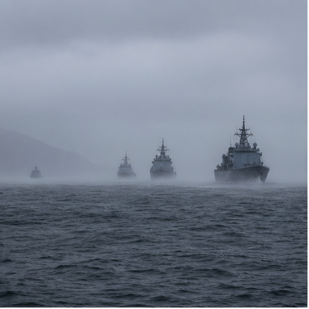 Cold northeast sea with distant patrol ships in fog
