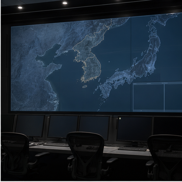 Surveillance room with abstract regional map and blank screens
