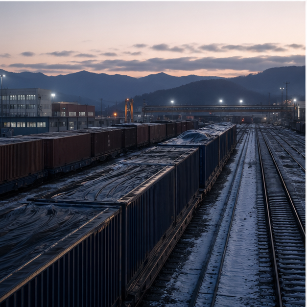 Rail freight yard with sealed containers at dusk