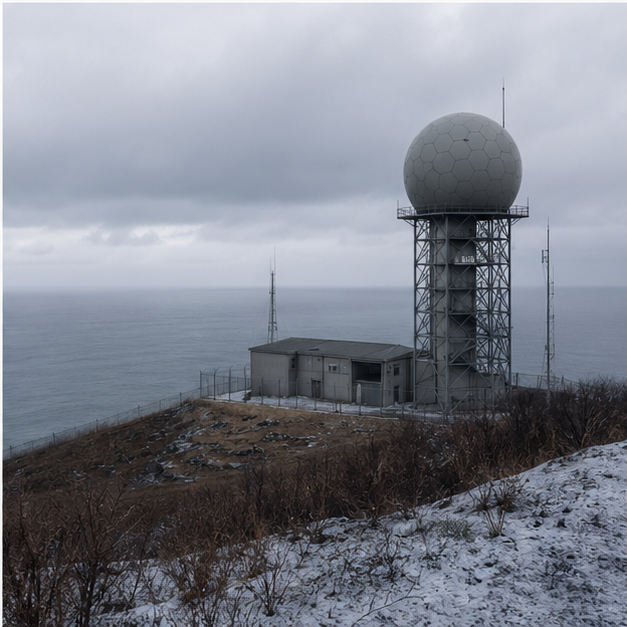 Empty coastal radar installation under winter sky