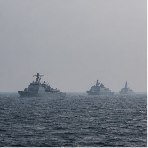 Distant naval vessels offshore in hazy gray water