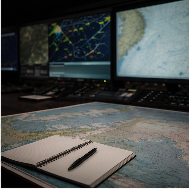 Maritime monitoring desk with abstract route map and blank notes