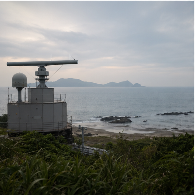 Island coastline with coastal monitoring equipment