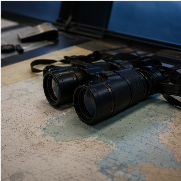 Binoculars and unreadable nautical chart on a watch desk