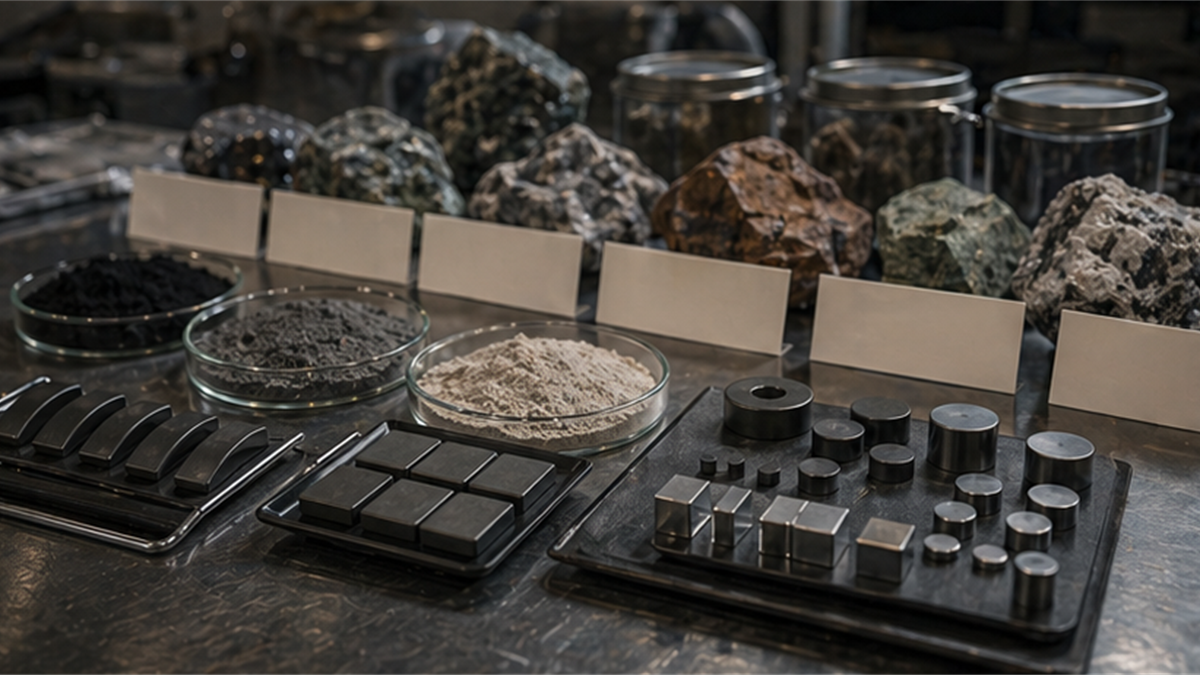 Rare earth magnet sample table with small magnets, mineral powders, and blank labels