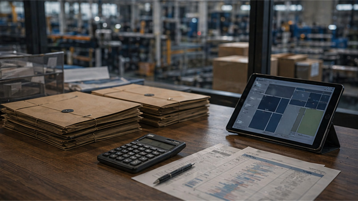 Factory procurement desk with sealed folders, calculator, and abstract shipment blocks