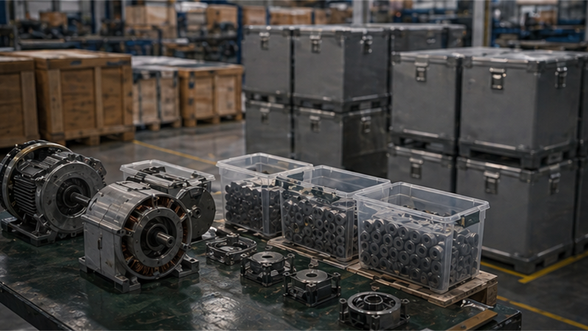 Component warehouse with electric motor parts, magnet containers, and sealed crates