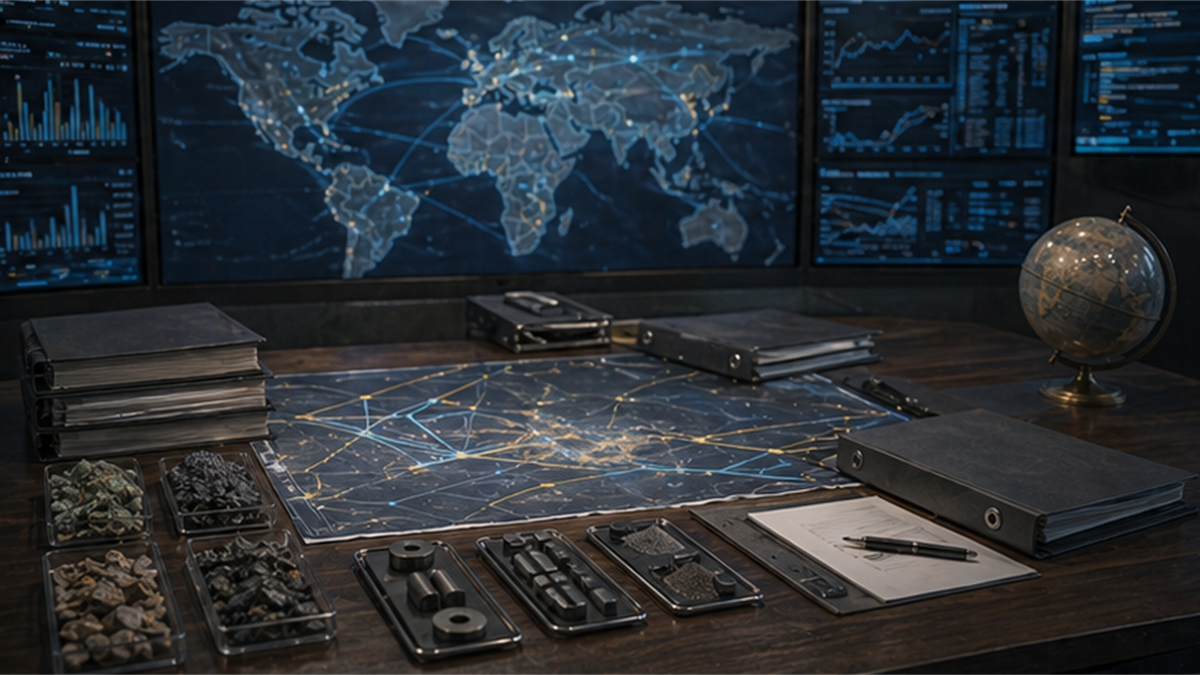 Supply chain priority analysis room with mineral samples, magnet trays, route chart, and closed binders