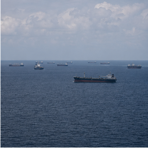 Horizon view across a busy shipping lane