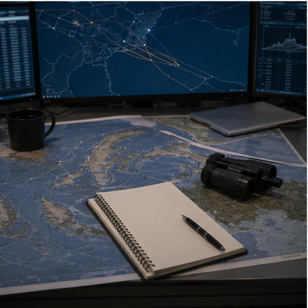 Maritime watch desk with abstract sea lane map and blank notebook