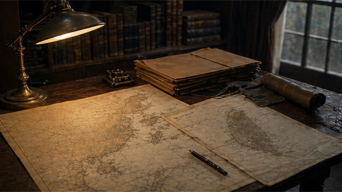 Archival desk with old East Asia maps, sealed folders, and a vintage lamp