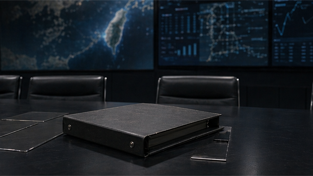 Empty policy room with a closed folder and muted abstract map screens