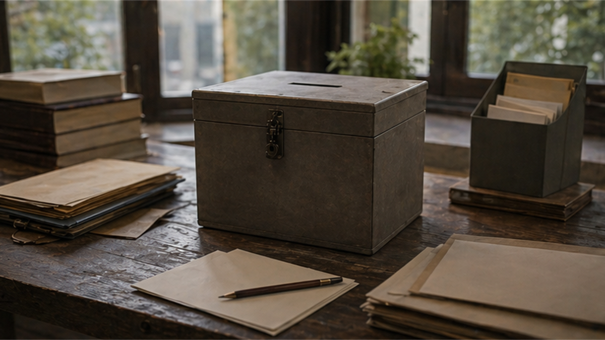 Quiet civic archive desk with a plain ballot box, blank papers, and soft window light