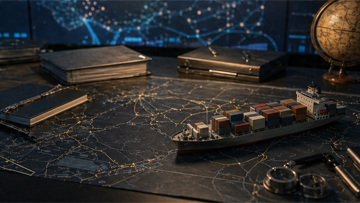 Maritime risk desk with an unlabeled sea-lane map, cargo ship model, and closed folders