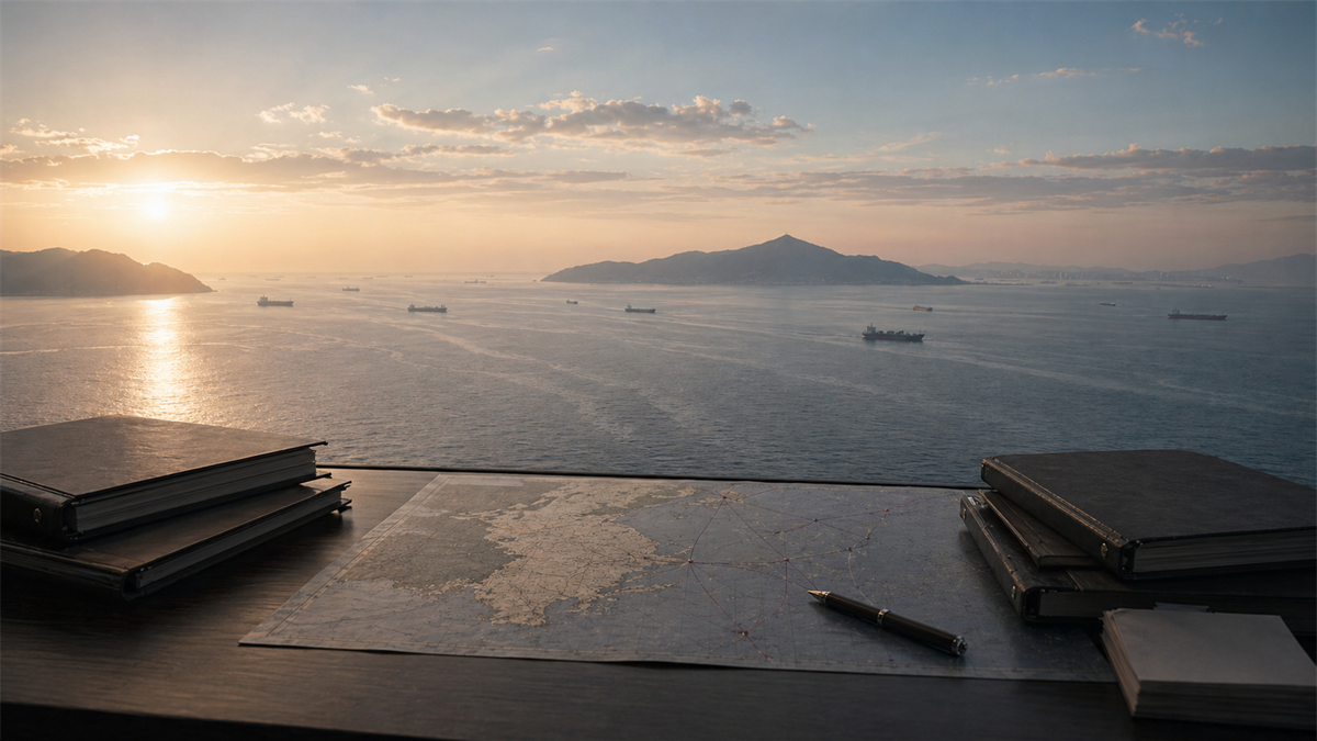 Dawn view of the Taiwan Strait with distant cargo ships, closed folders, and an unlabeled route chart
