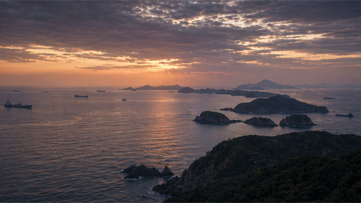 Southwest island sea route at dusk with distant generic ship silhouettes