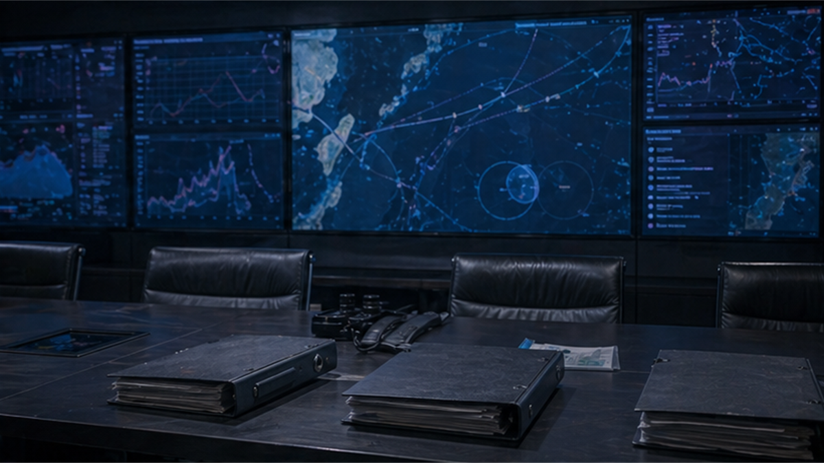 Maritime monitoring room with abstract route screens and closed binders