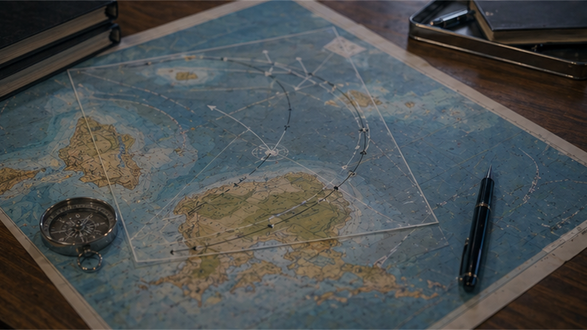 Island chain analysis desk with unlabeled chart and transparent route overlays