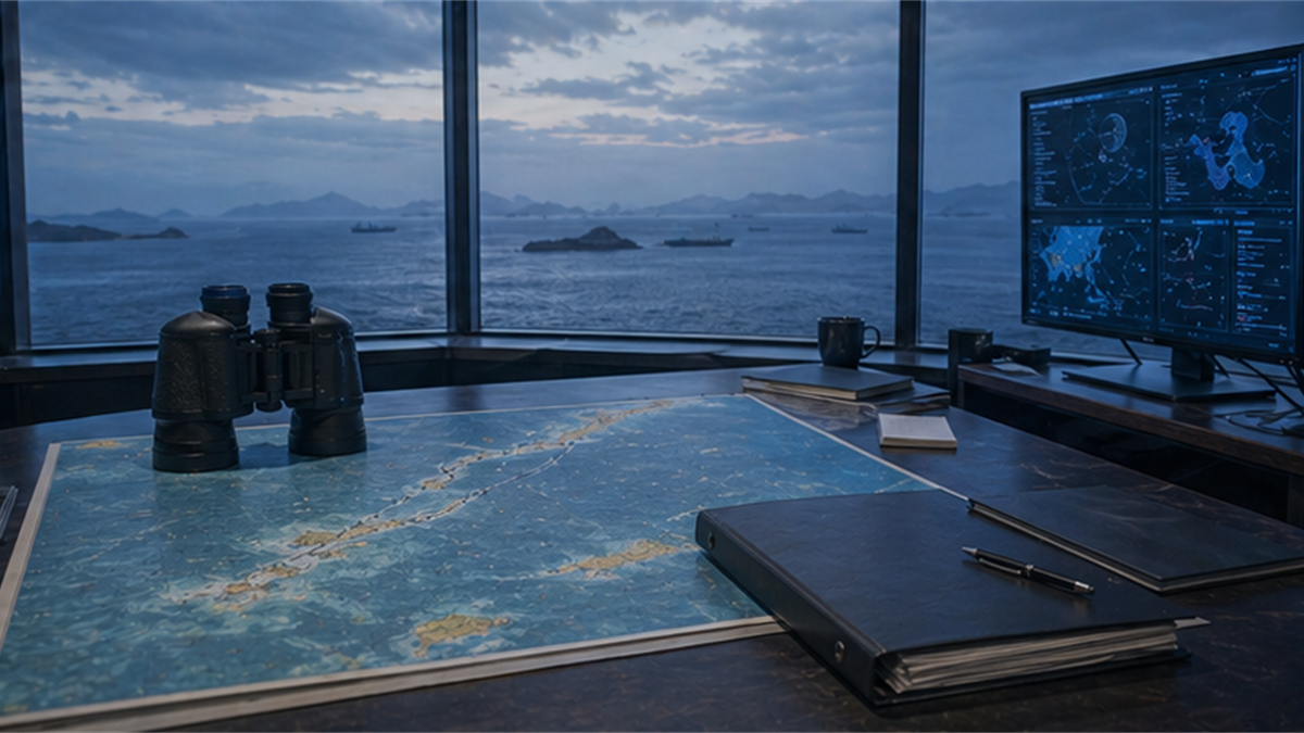 Coastal surveillance room with sea lane chart, binoculars, and closed folders