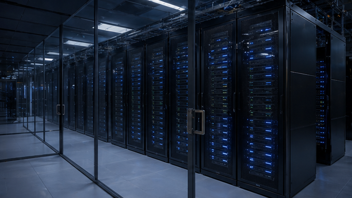 Secure AI server room with blue status lights and no people
