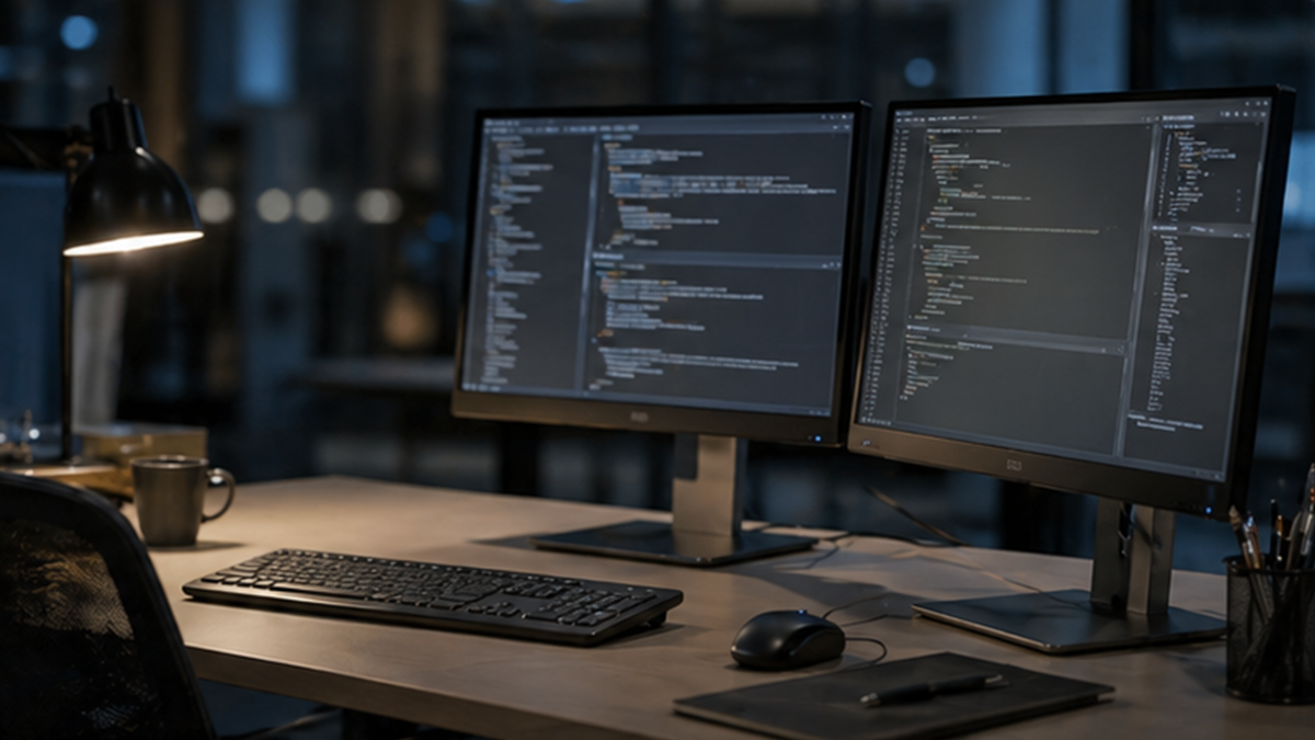 Empty software development workstation with blurred code-like monitors