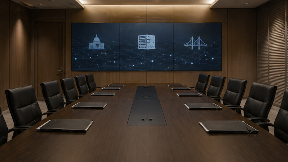 Empty government cyber coordination room with muted infrastructure screens