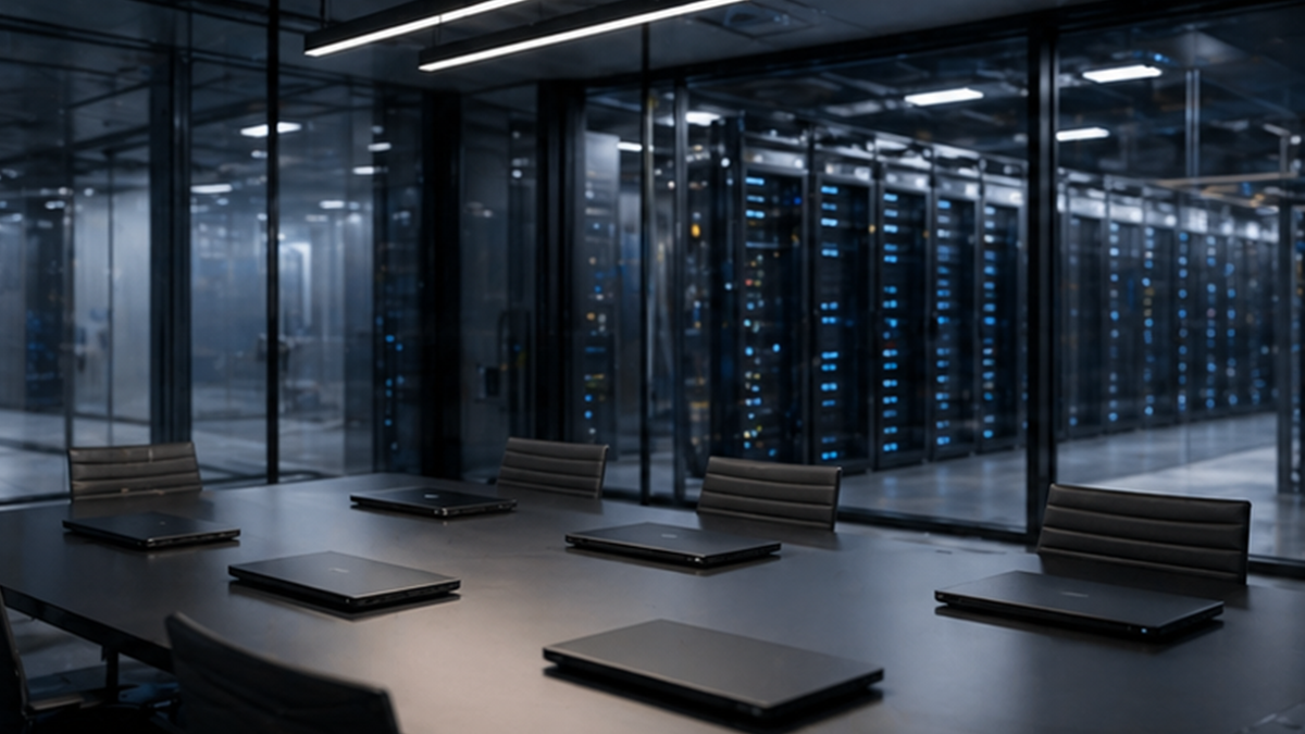 Secure collaboration room with server racks behind glass and closed laptops