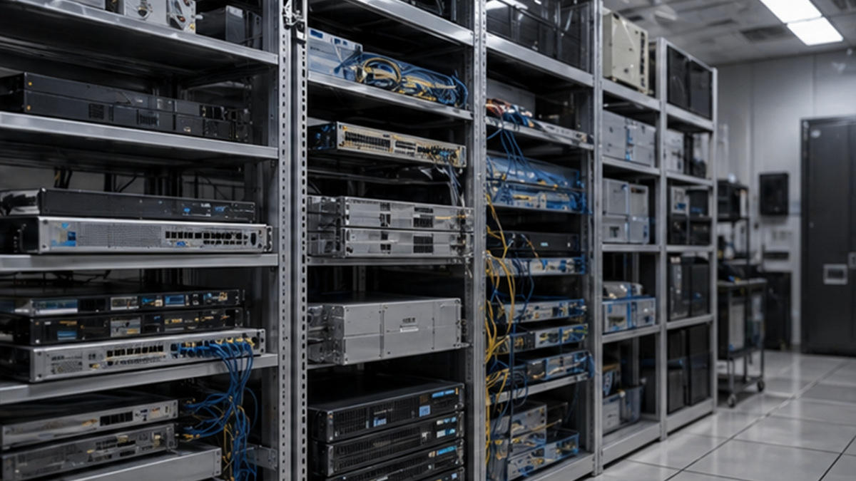 Technology inventory room with network appliances and patch cables