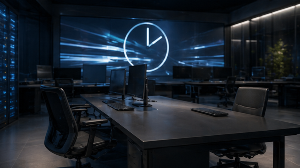 Quiet incident response room with an abstract clock-like screen and no people