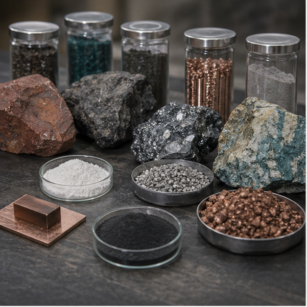 Mineral ore samples and processed materials on a clean table